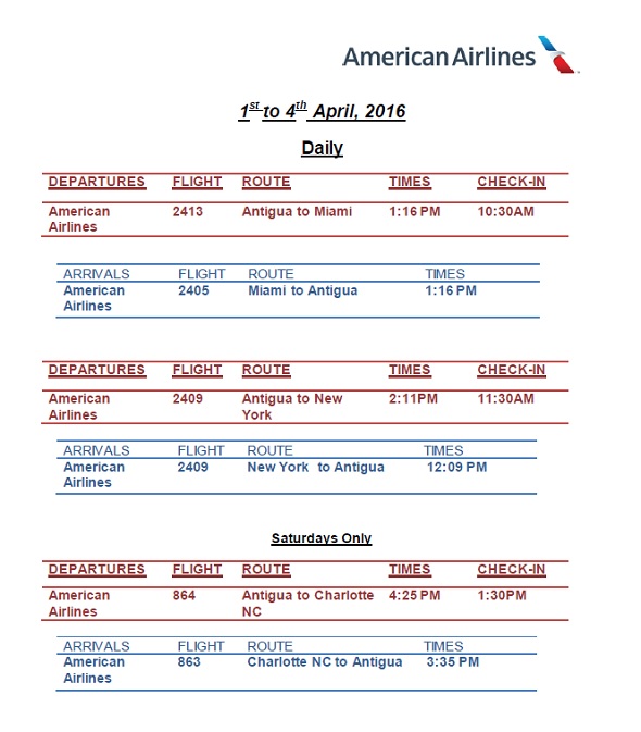 Antigua News: AA Flight Schedule: April - May, 2016